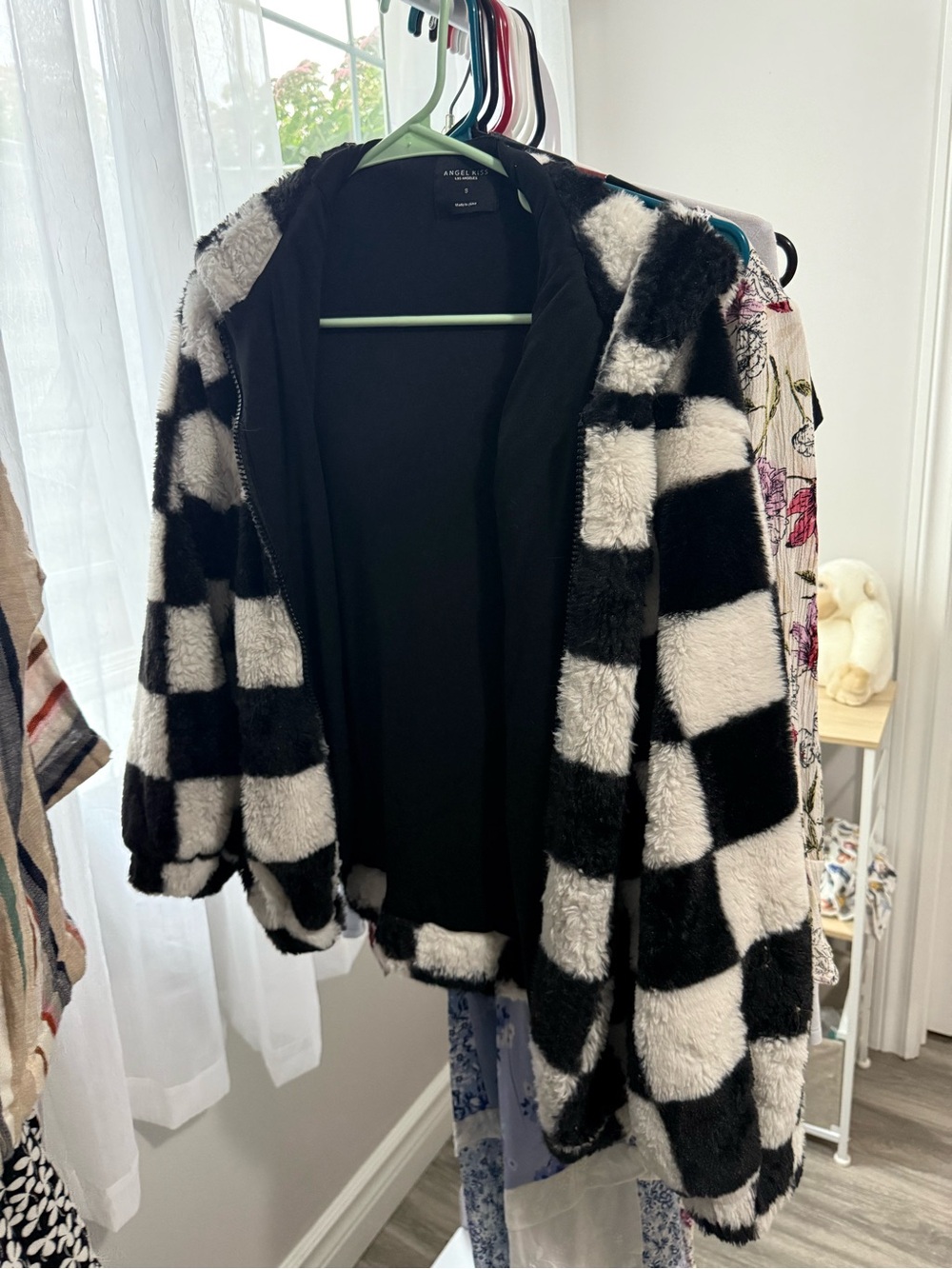 Angel Kiss Black & White Checkered Faux Fur Hooded Jacket